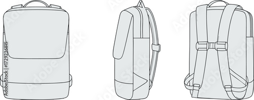 Backpack technical illustration, front side rear view, zipper pocket design, school bag drawing, travel backpack sketch, everyday use accessory template, product concept