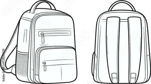 Backpack technical illustration, front and back view, zipper compartments design, school bag drawing, travel backpack sketch, everyday use accessory template, product concept