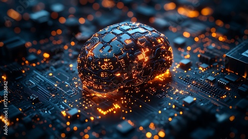 Illuminated digital brain symbol on futuristic circuit board, representing artificial intelligence and technological advancement with glowing orange energy.