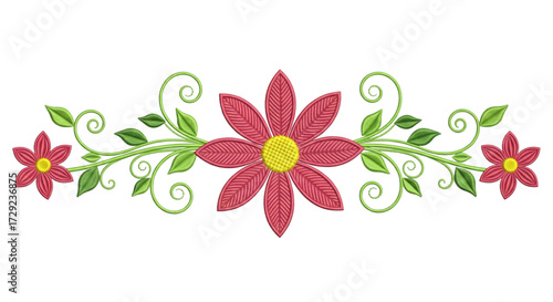 Symmetrical Floral Divider Pink Daisy Flowers Green Vine Scrollwork Elegant Decoration Element for Web and Print Design