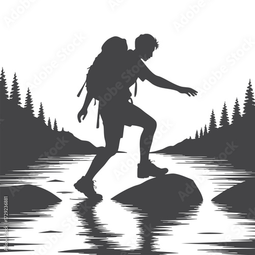 Explorer Crossing River with Reflection Silhouette Adventure Trekking and Nature Travel