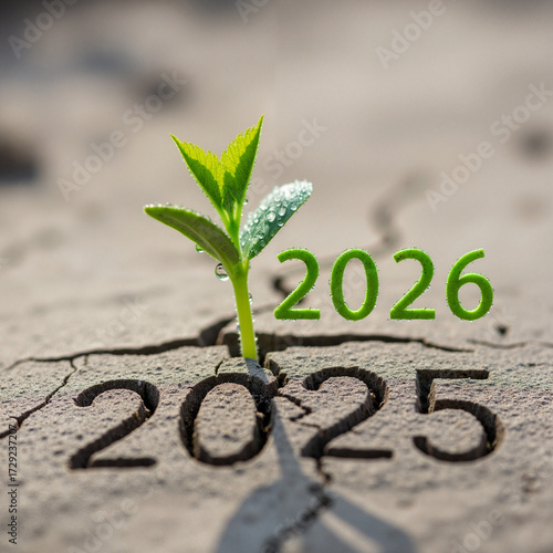 Wallpaper Mural Conceptual image of a hopeful green sprout symbolizing growth and the New Year transition from 2025 to 2026 on cracked earth Torontodigital.ca