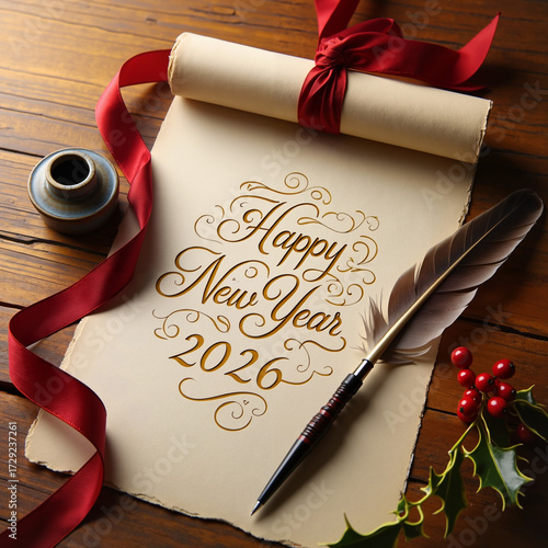 Happy New Year 2026 scroll with quill in golden, red, and brown for holiday greetings and celebration with copy space