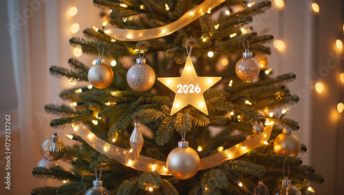Festive Christmas Tree with 2026 Glowing Star Ornament in Warm Gold Tones for Holiday Celebration