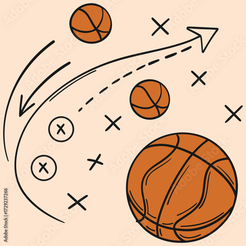 Basketball strategy illustration with court arrows, player positions, and ball movement. Sports coaching diagram for training, planning, and competitive game design. Perfect for playbook and practice.