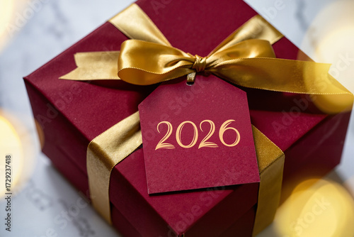 Festive gift box with 2026 tag in red and gold representing New Year celebration