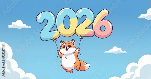 Cute happy fox flying with 2026 balloons against a blue sky with copy space