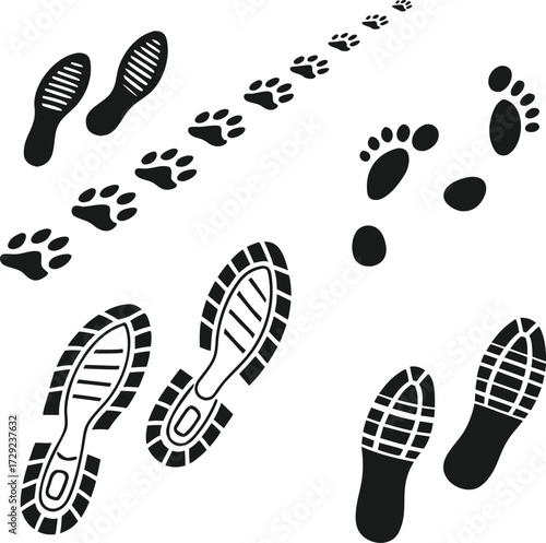 Black footprint vector set with shoe sole, barefoot, and animal paw trail. Creative walking and tracking design for nature, outdoor, and adventure concepts. Perfect for maps, posters, and templates.