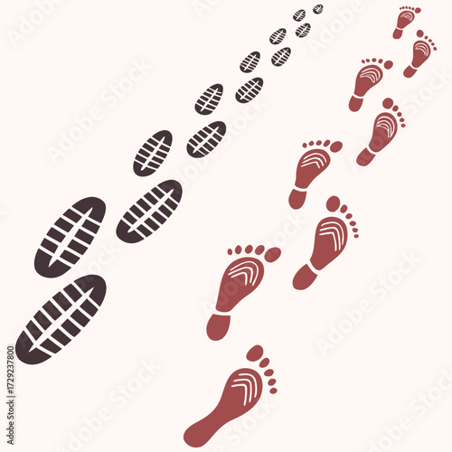 Footprint vector illustration with shoe sole trail and barefoot path in brown and red. Creative walking steps graphic for travel, outdoor, and direction concepts. Perfect for posters, maps, and templa