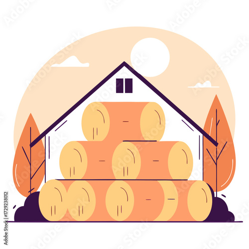 Hay bales stacked in front of a barn under a sunny sky, hay bales stacked forming a small house shape, concept of warmth, home and coziness