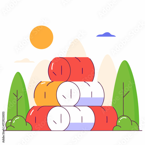 Colorful stacked hay bales in a rural landscape with sun and trees, stacked hay bales forming geometric composition, concept of balance and harvest
