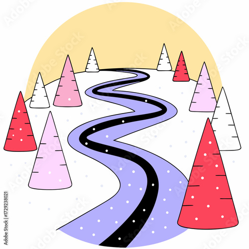 Winter landscape with pink and red trees alongside winding river , aerial view of snowy forest, winding snow trail shaped like a thread or spiral, concept of destiny and journey