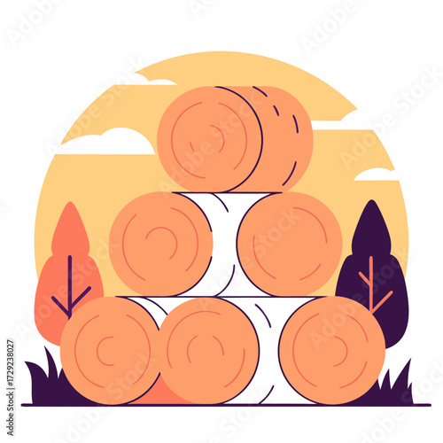 Hay bales stacked in field with trees and sunset background