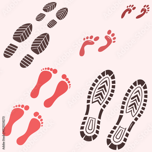 Footprint vector set with shoe sole marks and barefoot steps in brown and red. Creative footprint icons for path, walking, and travel themes. Perfect graphic for posters, signs, and templates.