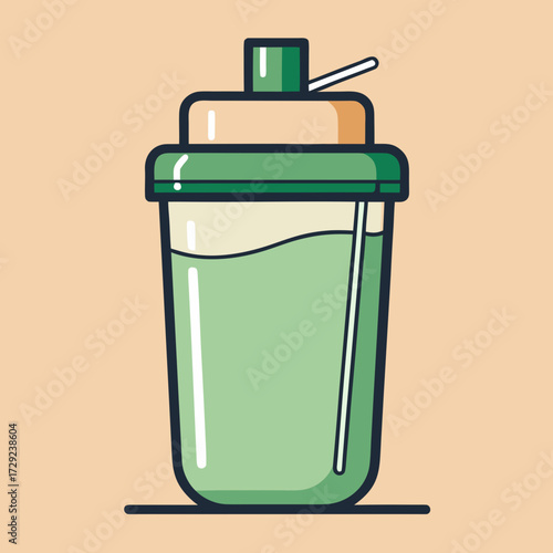 Green protein shaker bottle with lid and straw on pastel background. Рrotein shake in bottle