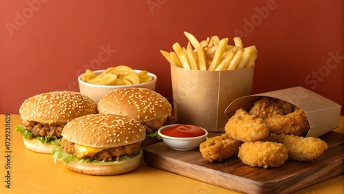 A tempting assortment of fast food, featuring juicy burgers, crispy french fries, and golden chicken nuggets with dipping sauce