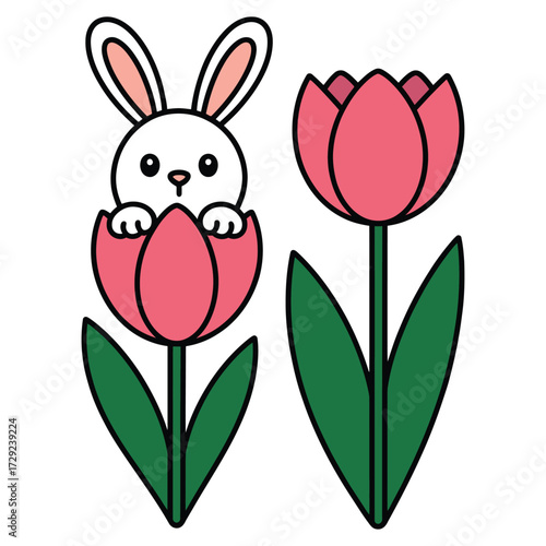 Minimalist cartoon illustration of a white bunny peeking from behind a pink tulip with additional tulip on white background