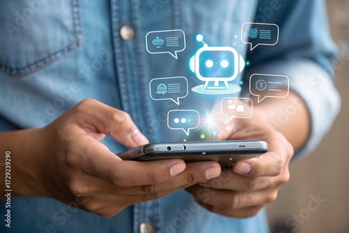 Wallpaper Mural Businessman using AI chatbot application on smartphone for virtual assistant, customer support, and online communication. Innovative technology in digital business solutions.  Torontodigital.ca