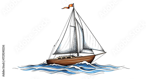 Detailed hand-drawn classic wooden sailboat illustration navigating blue ocean waves with white sails and an orange flag on mast.