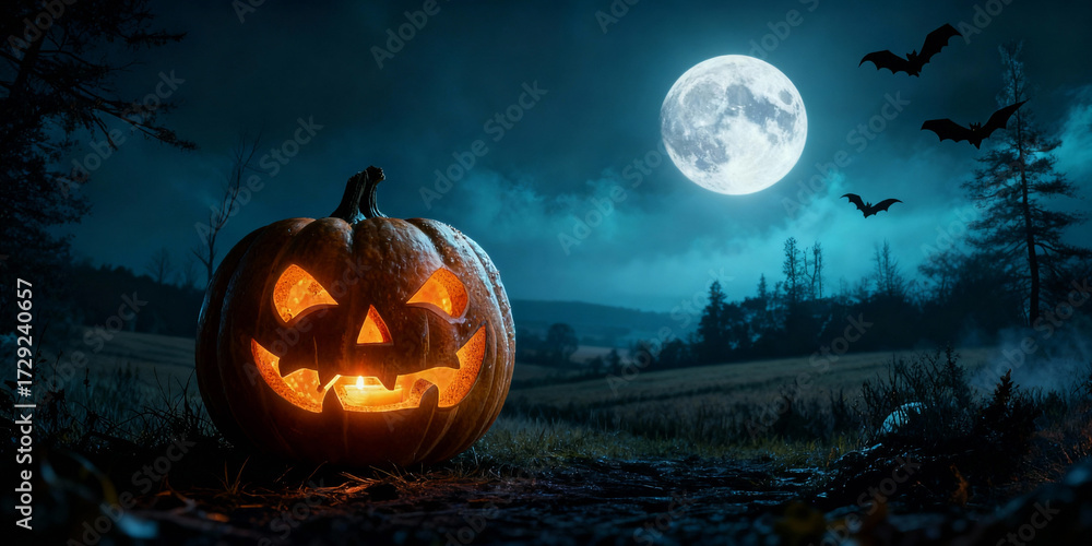 Fototapeta premium Glowing Jack O Lantern in Grassy Field Under Moonlight and Bats Halloween Night Scene
