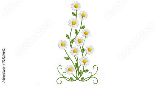 Elegant daisy flower border embroidery design with green stems and leaves, perfect for spring floral accents.
