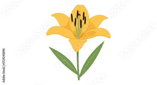 Open vibrant yellow lily flower illustration with green stem and leaves, simple flat vector art for spring floral designs.