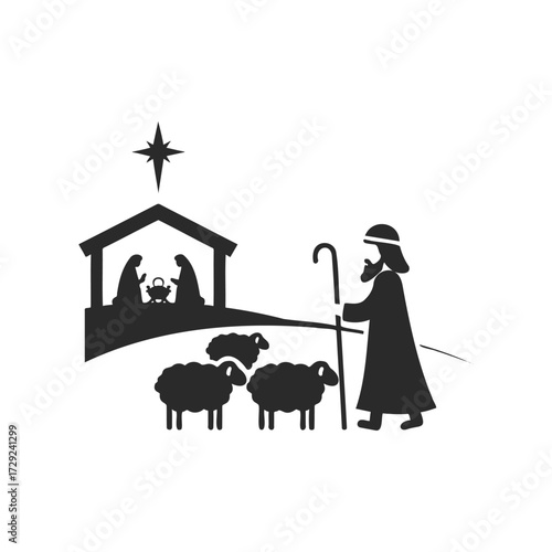 Nativity scene silhouette with shepherd, sheep, and star