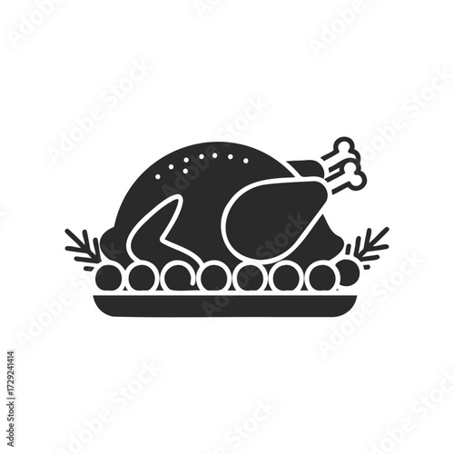 Black and white roast turkey icon with garnish on white background