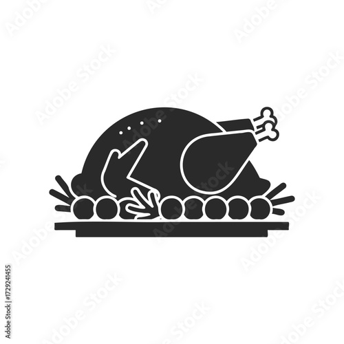 Roasted turkey on platter with vegetables in silhouette style