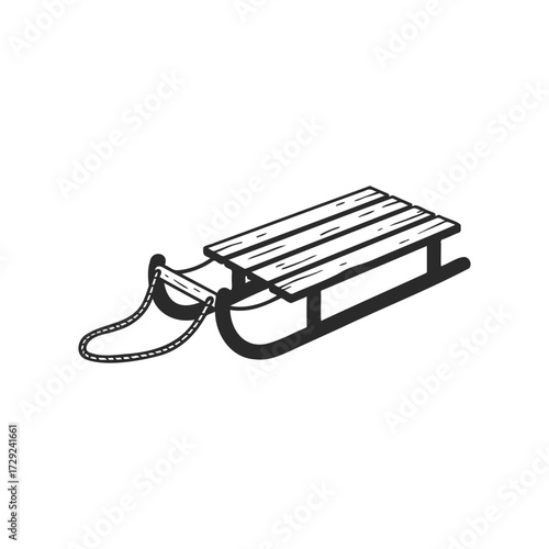 Classic wooden sled with rope on white background