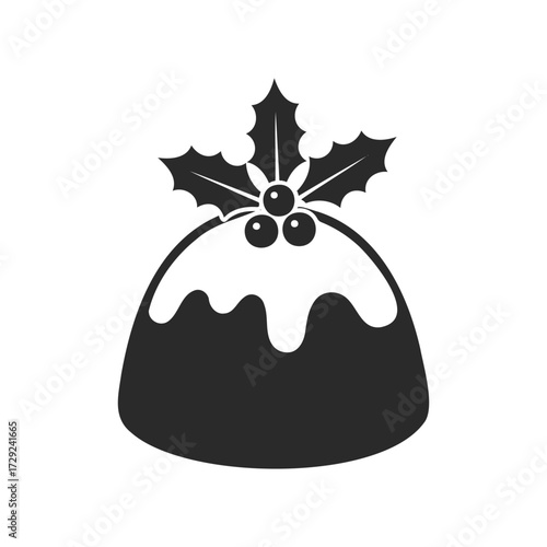 Minimalist christmas pudding icon with holly berries and leaves