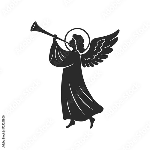 Silhouette of angel playing trumpet with wings and halo