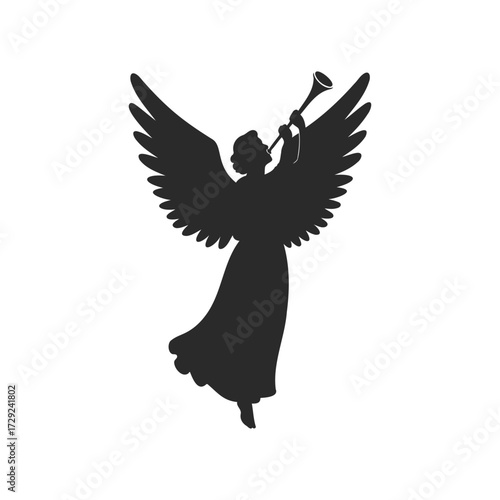 Silhouette of angel with trumpet and wings on white background