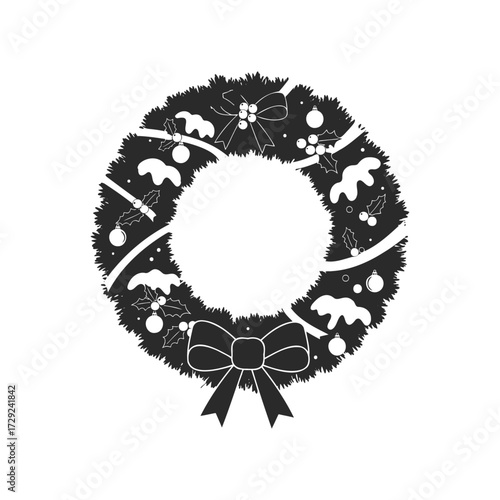 Festive black and white christmas wreath with ribbons and holly accents