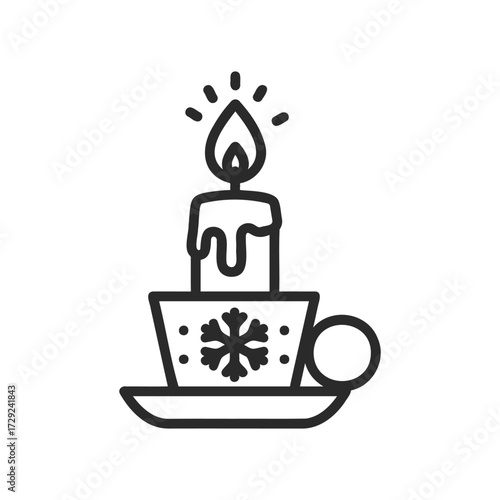 Winter candle line art with snowflake on cup and saucer