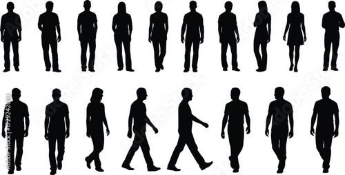 Collection of male and female human silhouettes in standing and walking poses — black vector outlines ideal for crowd, urban, business, diversity, or people-based design projects with SEO keywords.