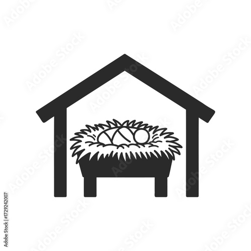 Minimalist nativity icon with newborn in manger under stable roof