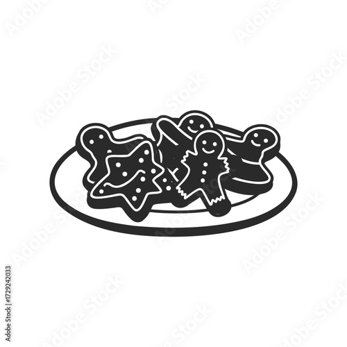 Black and white icon of gingerbread cookies on plate