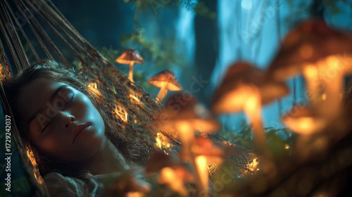Young woman sleeps in hammock under glowing mushrooms