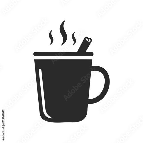 Steaming coffee mug with cinnamon stick icon in black and white