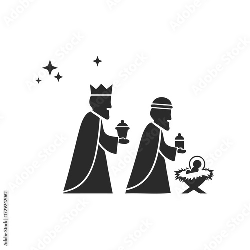 Silhouette of three wise men with gifts: nativity scene with stars