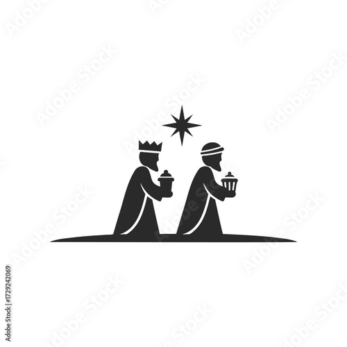 Silhouette of two wise men following star in nativity scene