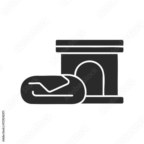 Pet accessories: dog bed and house silhouette icon design