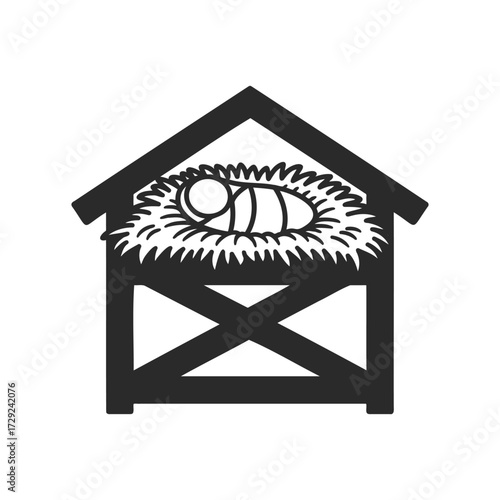 Black and white icon of newborn in manger representing nativity scene