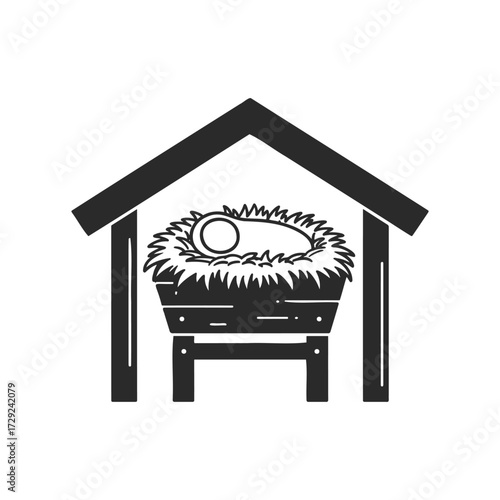 Monochrome nativity scene silhouette with baby in manger