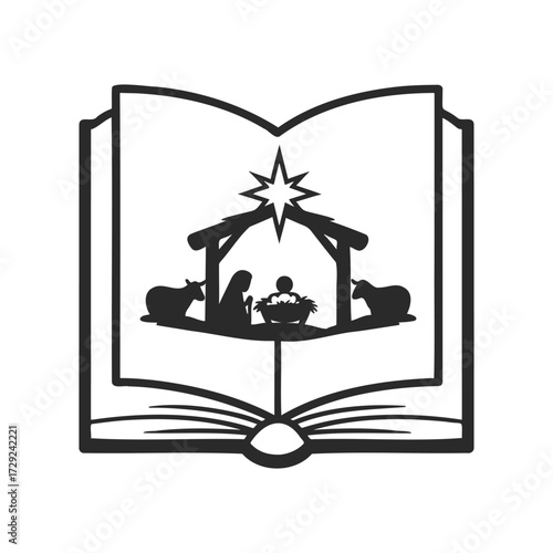 Nativity scene silhouette inside open book with star above