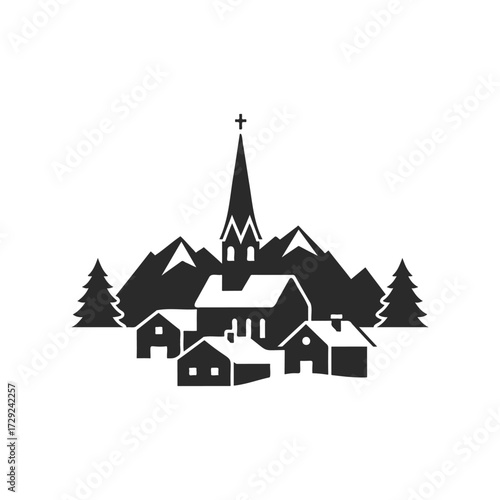 Silhouette of village with church, mountains and trees