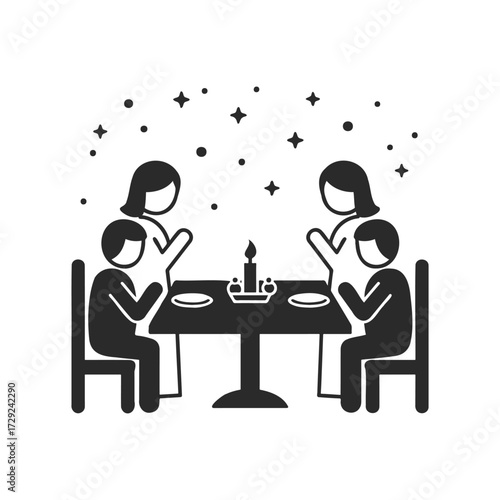 Family dinner illustration with two adults and two children in black and white