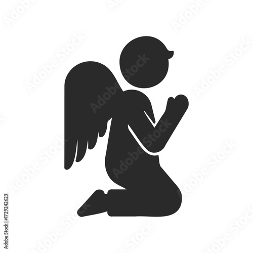 Silhouette of praying angel with wings icon in black and white
