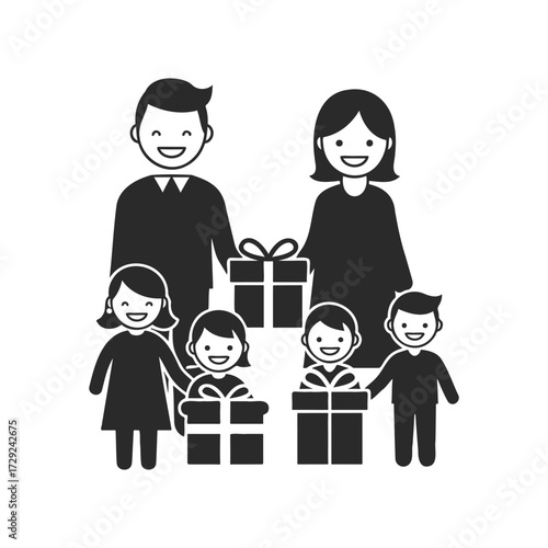Happy family with gifts: cartoon adults and children smiling cheerfully